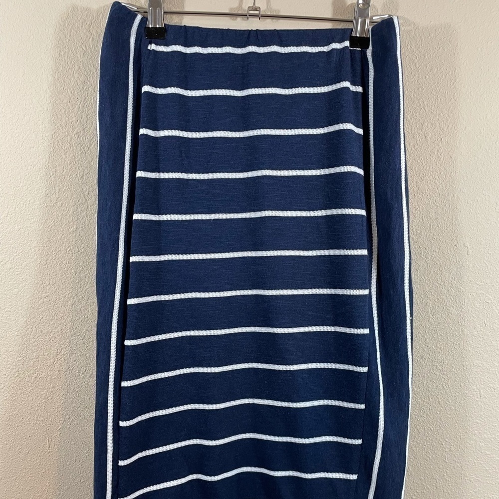Renee C Women's navy blue white striped lined midi skirt, sz S, EUC